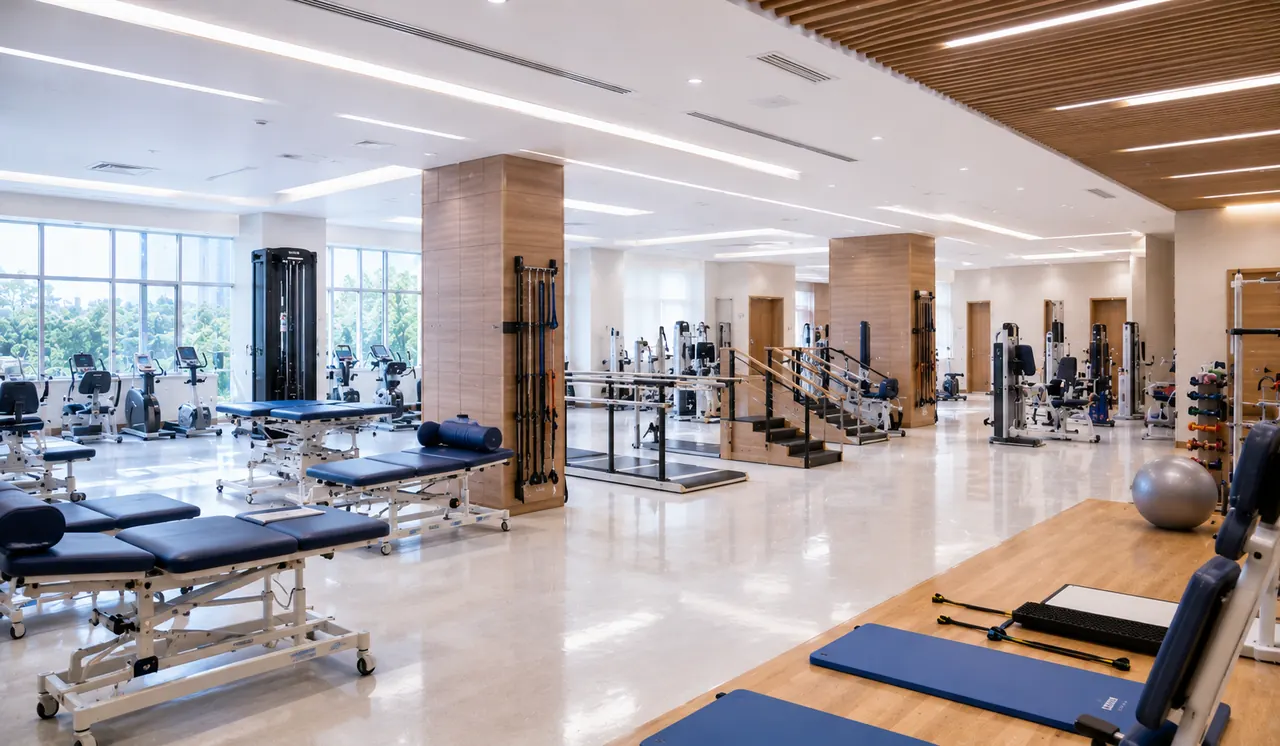 A bright, spacious hall with exercise and activity equipment