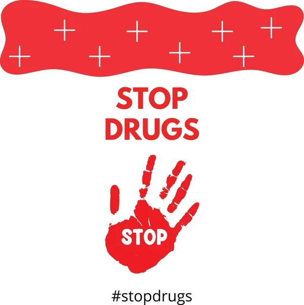 Stop Drugs awareness graphic with a red hand print