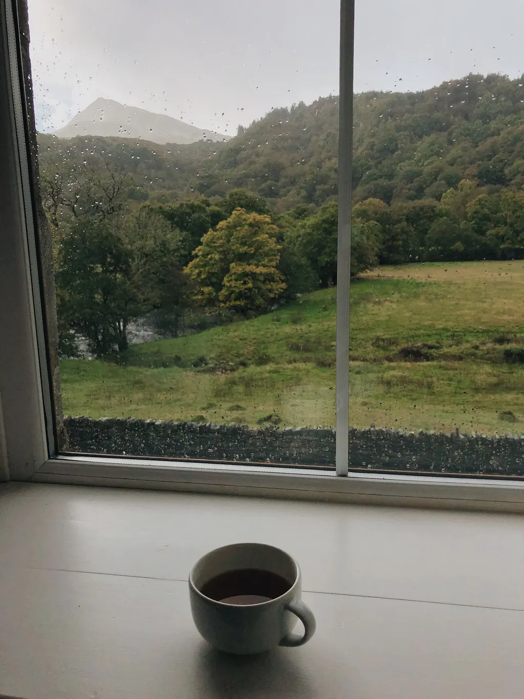 A cup of tea on a windowsill overlooking green hills
